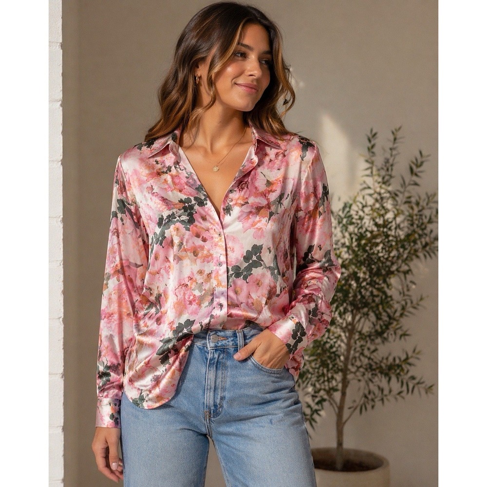 Philosophy Republic Clothing Pink Floral Satin Button Down Blouse XL NWT